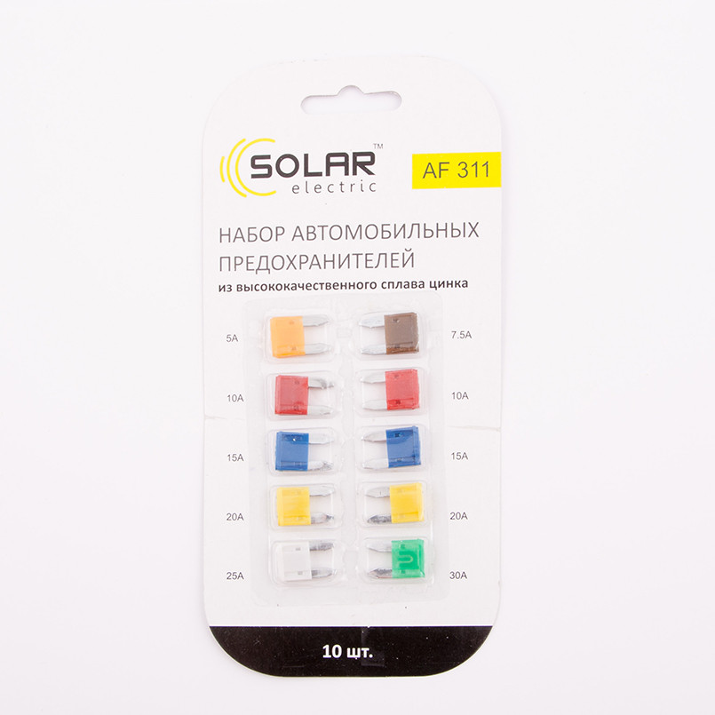 SOLAR Набір _міні_ запобіжників,цинковий сплав(5А,7,5А,10А,15А,20А,25А,30А),10шт.,(500шт./уп.)