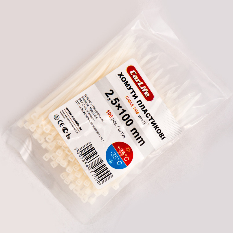CARLIFE  Хомути пластикові білі 2,5x100 (100шт.) 
