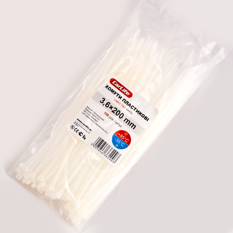 CARLIFE  Хомути пластикові білі 3,6x200 (100шт.) 