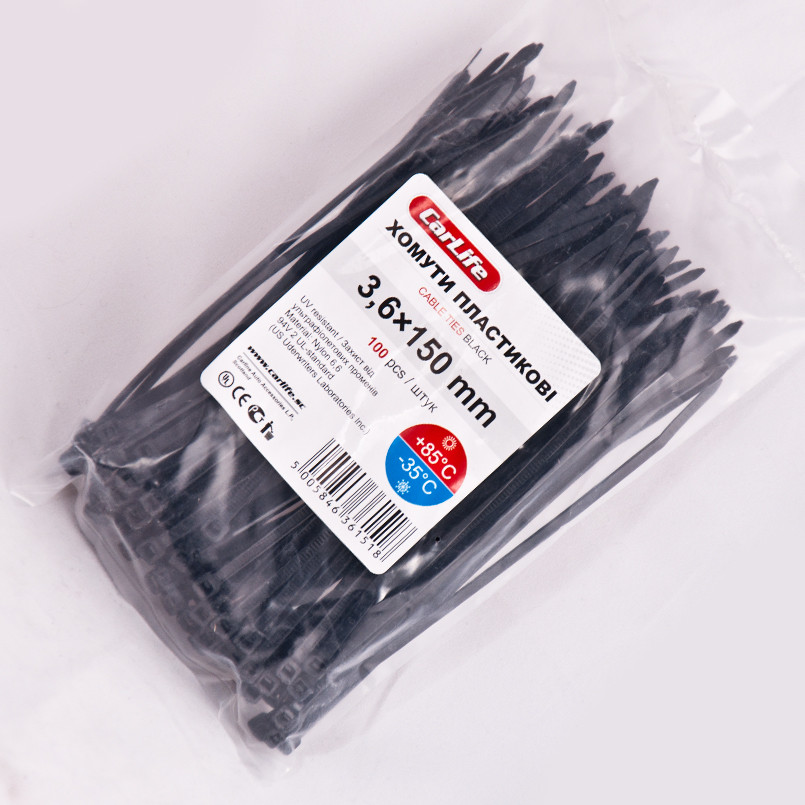 CARLIFE  Хомути пластикові чорні 3,6x150 (100шт.) 