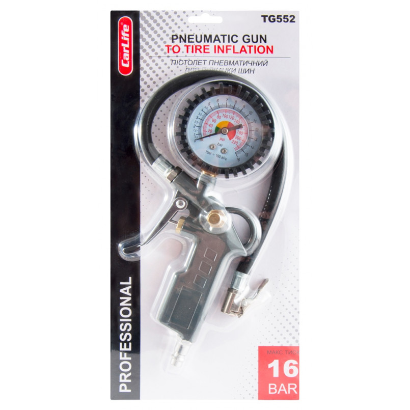 CARLIFE  Пістолет пневматичний для підкачки шин 16Bar, шланг 370мм. Металевий