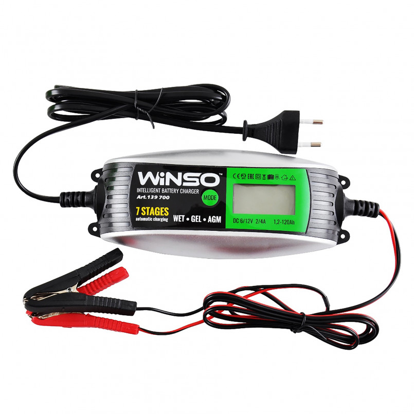Зарядний пристрій АКБ, інтелектуальний, 6/12В, макс.струм підзар.4A, макс.ємність 120Ah WINSO