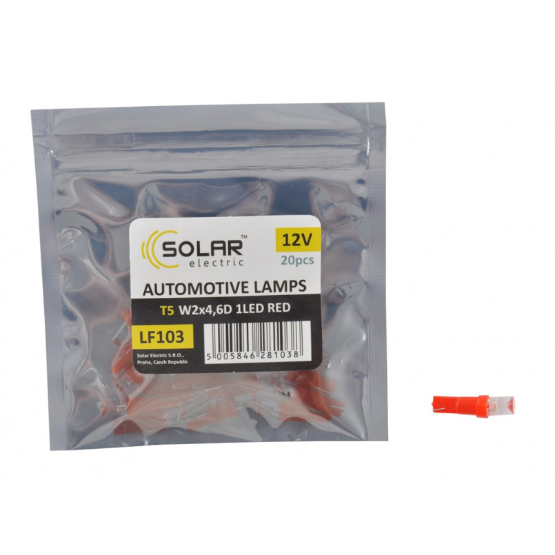SOLAR Автолампа LED 12VT5W2x4.6d 1leds red 1 шт. (20шт) Поліетилен уп.. підсвічування салону