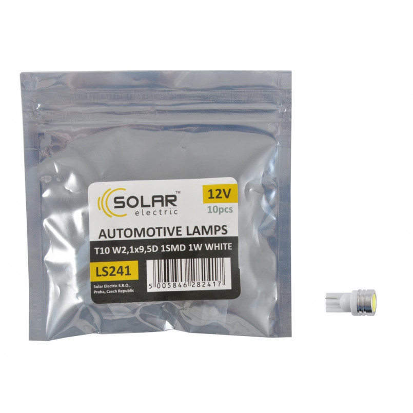 SOLAR Автолампа LED 12V T10 W2.1x9.5d 1led 1W white 1шт. (10шт.) Поліетилен уп. підсвічування салону