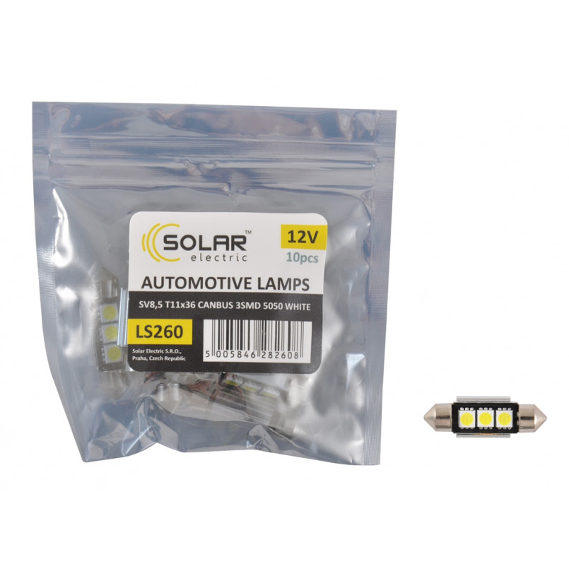 SOLAR Автолампа LED 12V SV8.5 T11*36mm Canbus 5050 3SMD, white (10 шт.) Поліет. підсвічування салону