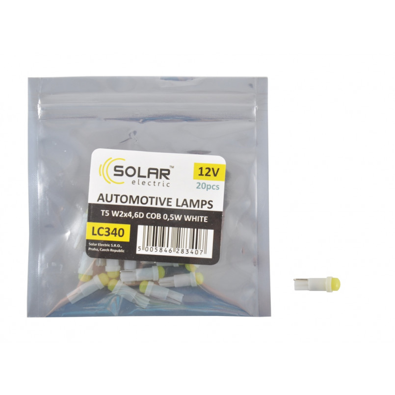 SOLAR Автолампа LED 12V T5 W2x4.6d 1COB 0,5W white 1 led 10шт. Поліетилен уп.20шт
