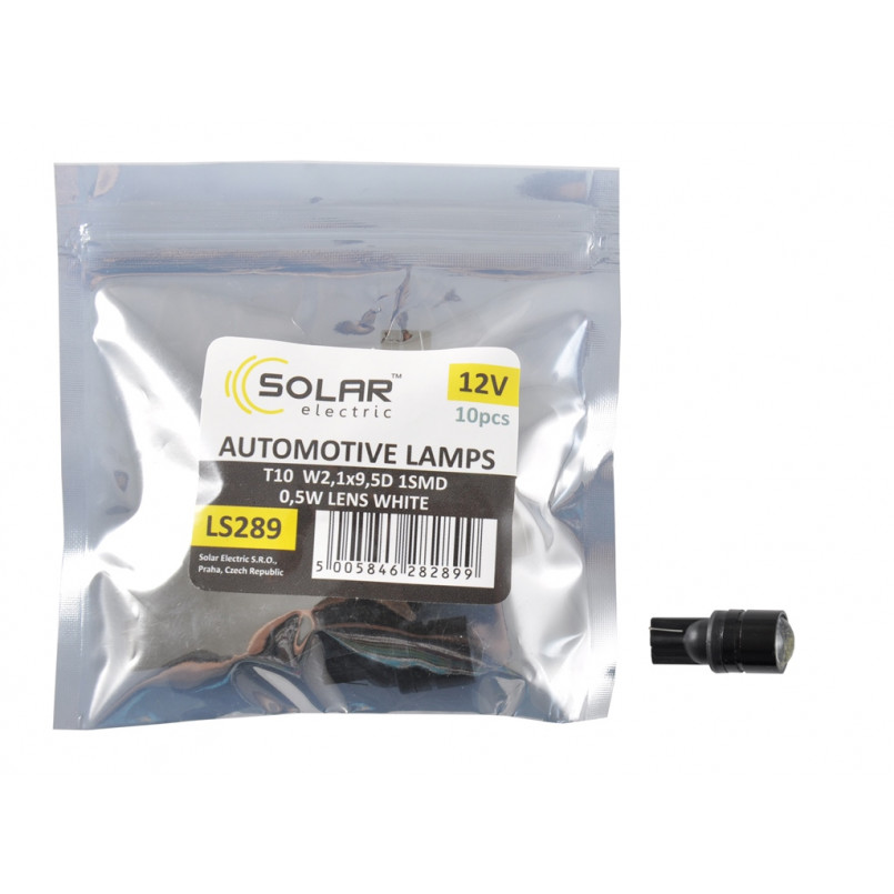 SOLAR Автолампа   LED 12V T10 W2.1x9.5d 1SMD 0,5W with lens white 10ш. Поліетилен уп.