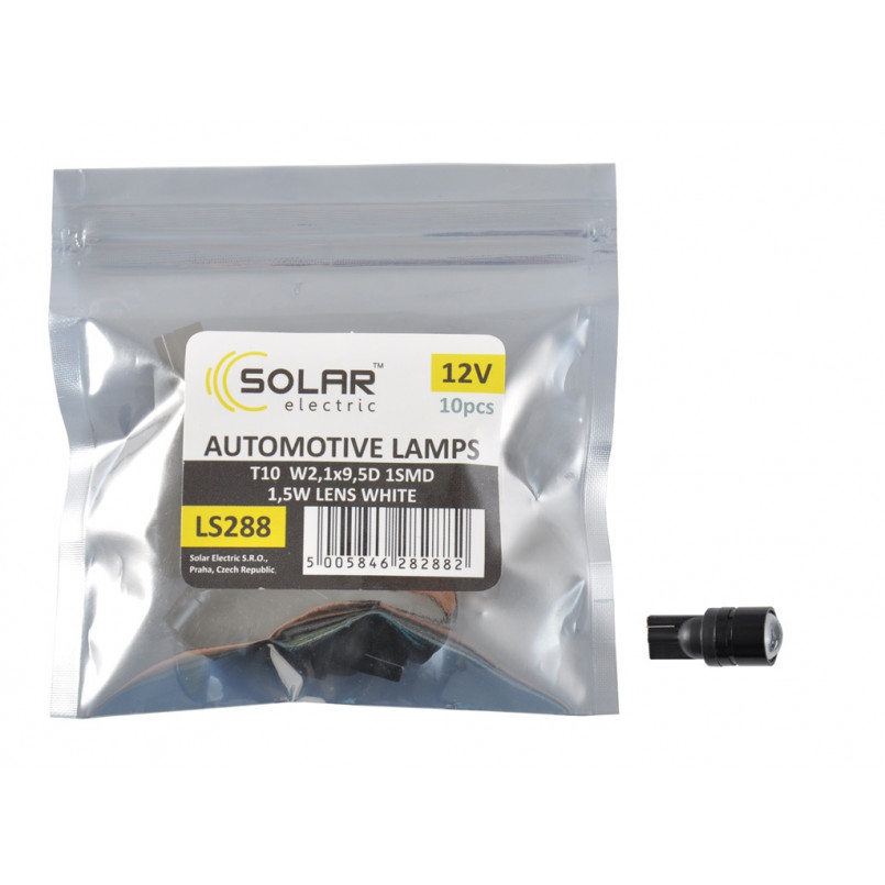 SOLAR Автолампа  LED 12V T10 W2.1x9.5d 1SMD 1,5W with lens white 10. Поліетилен уп.