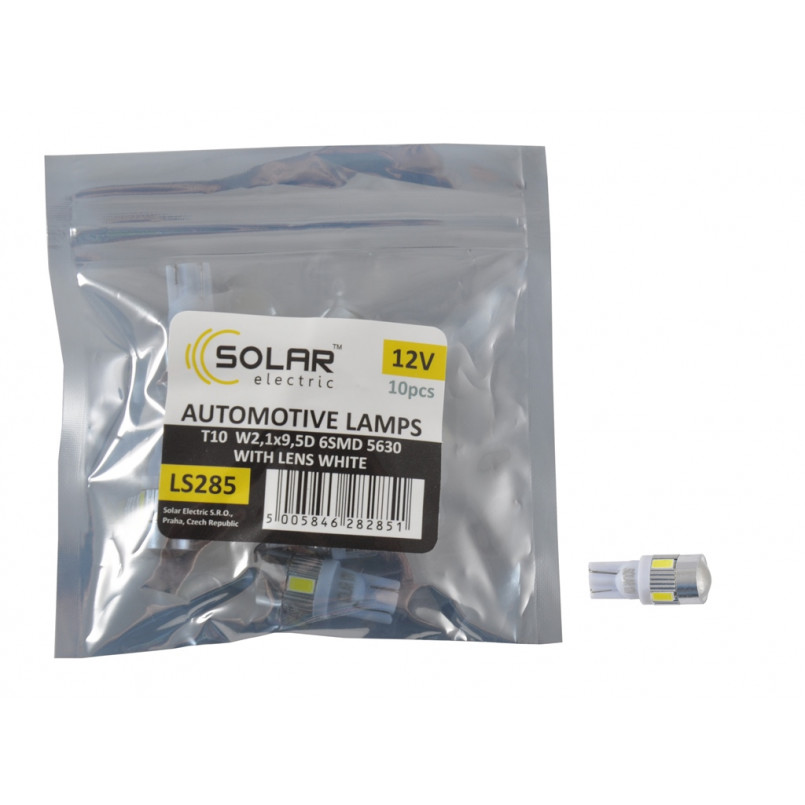 SOLAR Автолампа  LED 12V T10 W2.1x9.5d 6SMD 5630 with lens white 6 leds 10шт.  Поліетилен уп.