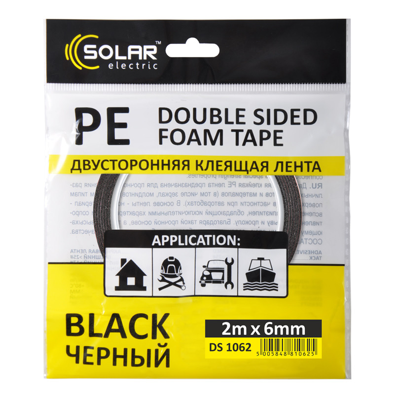 SOLAR Стрічка клеюча двостороння, PE, чорна, 6ммx2м