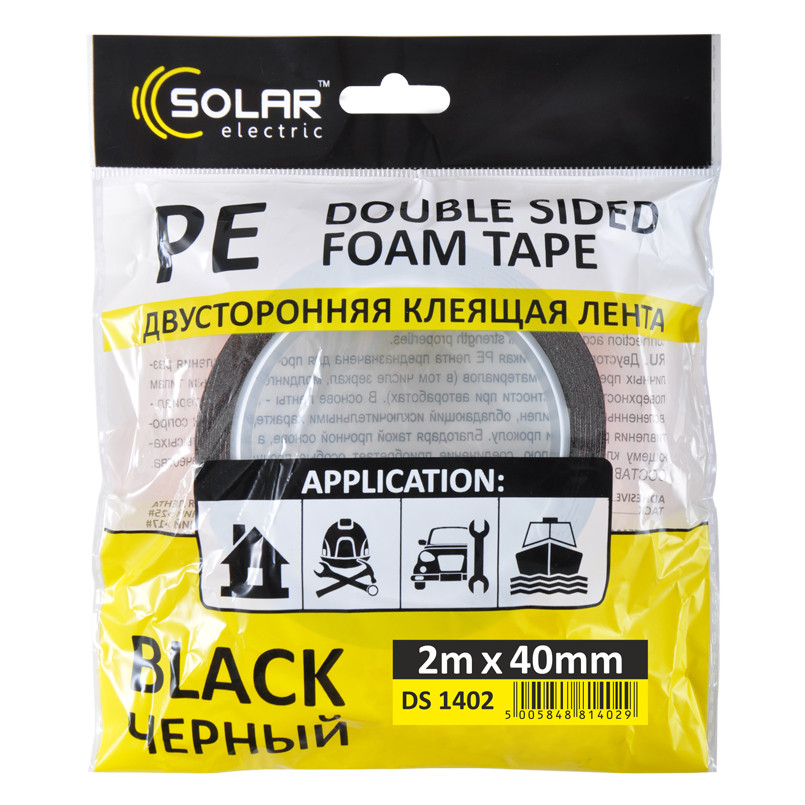 SOLAR Стрічка клеюча двостороння, PE, чорна, 40ммx2м