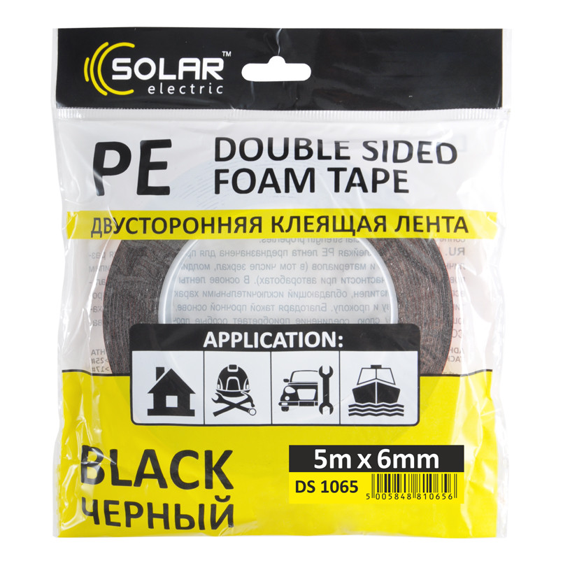 SOLAR Стрічка клеюча двостороння, PE, чорна, 6ммx5м
