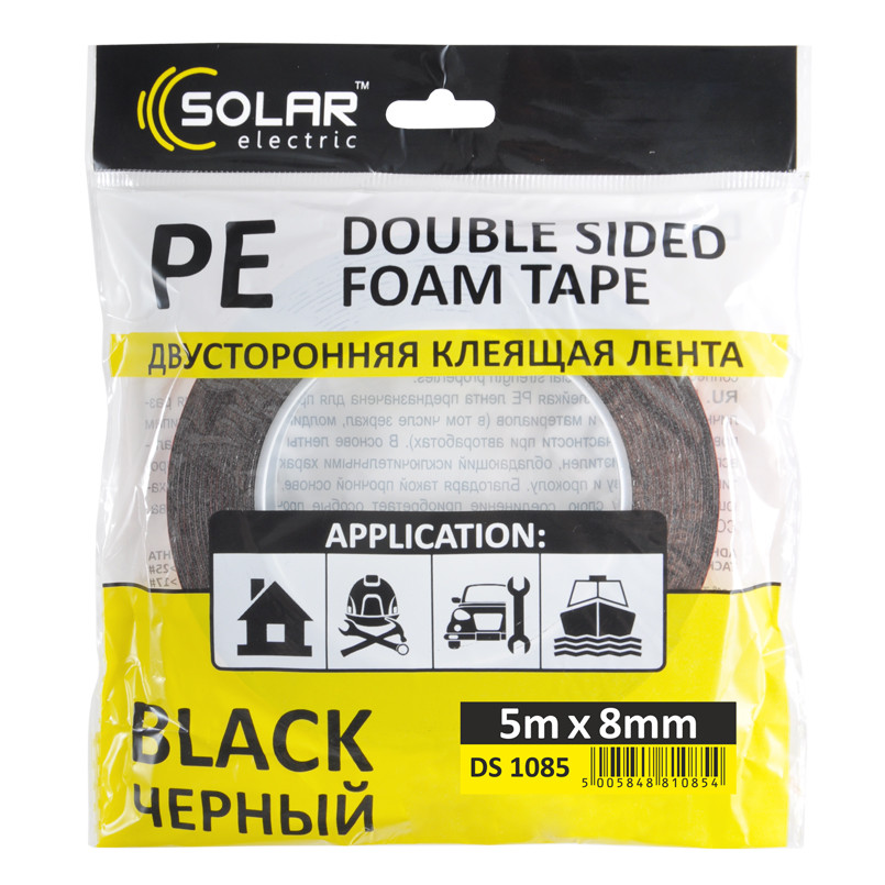 SOLAR Стрічка клеюча двостороння, PE, чорна, 8ммx5м