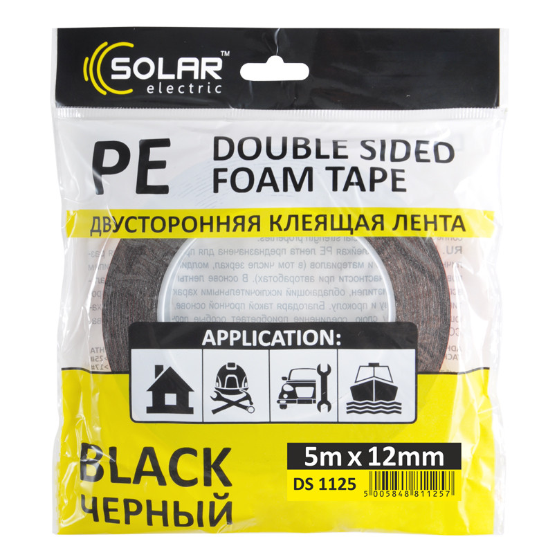 SOLAR Стрічка клеюча двостороння, PE, чорна, 12ммx5м