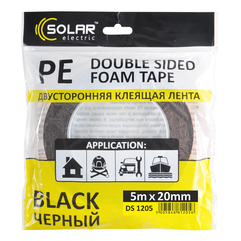 SOLAR Стрічка клеюча двостороння, PE, чорна, 20ммx5м