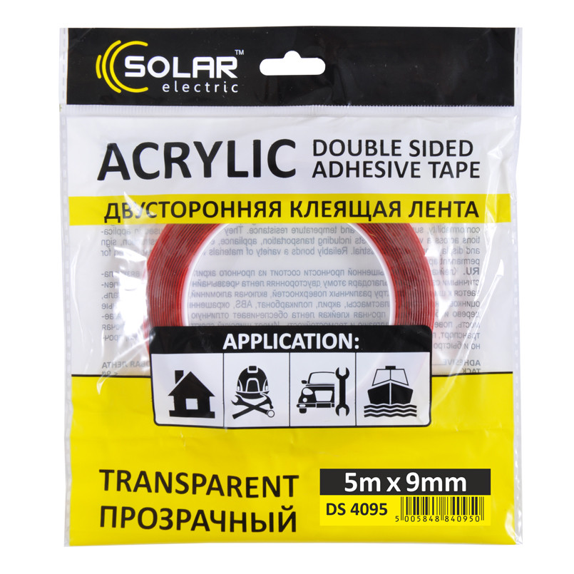 SOLAR Стрічка клеюча двостороння, ACRYLIC (VHB), прозора, 9ммx5м