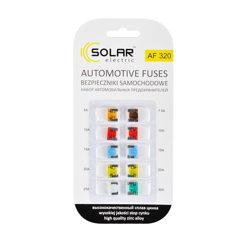 SOLAR  Набір запобіжників _Mini Low Profile_, цинковий сплав (5А,7,5А,10А,15А,20А,25А,30А),10шт.,