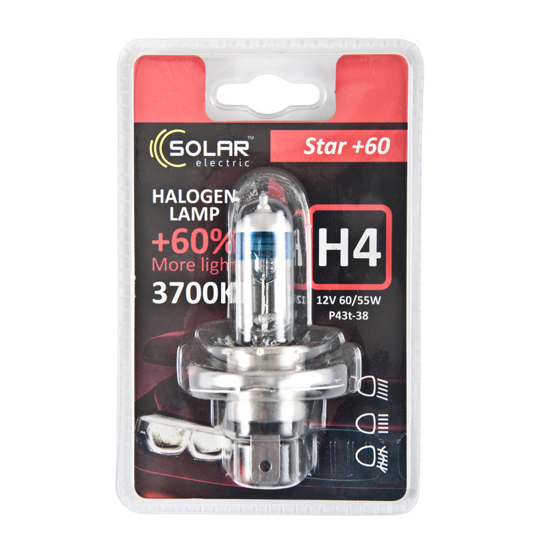 Solar H4 12V 60/55W P43t-38 Starlight + 60%, blister (10/100шт.)