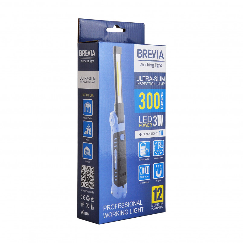 BREVIA  LED Ultra-slim Інспекційна лампа 3W COB+1W LED 300lm, 2000mAh, microUSB