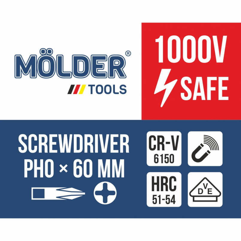 MOLDER Викрутка хрестова, діелектрична, VDE 1000 В, PH0x60mm (12шт/уп)