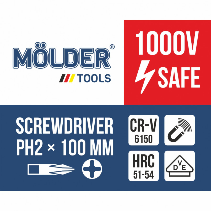 MOLDER Викрутка хрестова, діелектрична, VDE 1000 В, PH2x100mm (12шт/уп)
