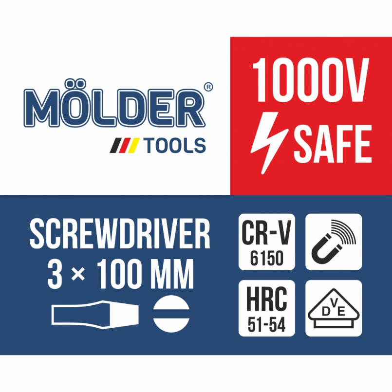 MOLDER Викрутка шліцева, діелектрична, VDE 1000 В, SL3x100mm (12шт/уп)