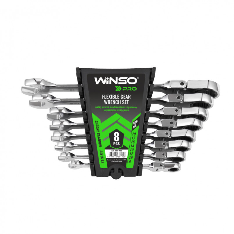 Набір ключів комбінованих WINSO PRO з тріскачкою та карданом CR-V,  8шт (8-19, 8-10-12-13-14-15-17-1